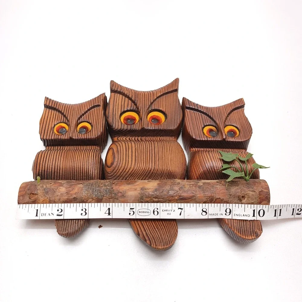 Large Witco Wooden 3 Owls On A Branch‎ Wall Art Orange Tack Felt Eyes Carved MCM